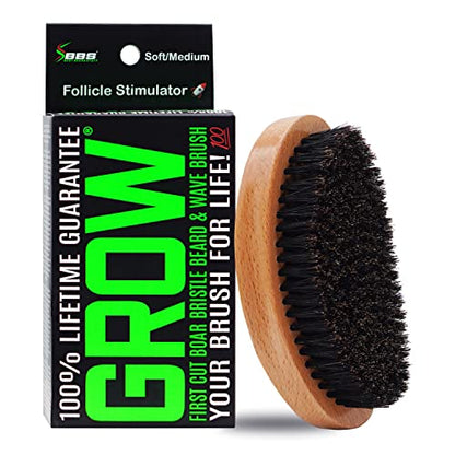 GROW Beard Brush & 360 Wave Brush for Men - Natural Boar Bristle For Fuller, Thicker Hair, Beard & Mustache - Premium Full-Size to Exfoliate, Strengthen Hair, Stimulate & Boost Growth - size: XL Brush