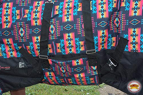 Black Aztec 66 in HILASON 1200D Winter Turnout Blanket | 600D polyester, 400-gram poly fill, waterproof rip-stop, belly wrap, shoulder gussets, fleece withers, double-buckle closure - color: Black Aztec, size: 66 In