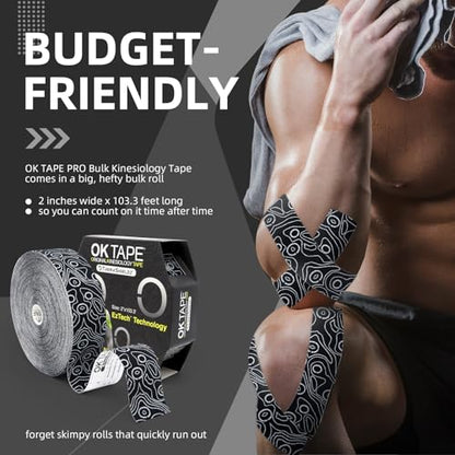 OK TAPE PRO Kinesiology Tape Bulk 103Feet, Water-Resistant Sports Tape | Elastic Physical Therapy Tape for Pain Relief, Muscle Support, Kinetic Tape, Latex Free, Uncut Roll, Black - color: Black