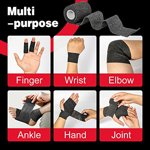 AZEN 80 Pack Self Adhesive Bandage Wrap Black, 2" X 5 Yards Black Athletic Tape, Vet Wrap, Tattoo Grip Tape Wrap，Ankle Tape, Cohesive Bandage Wrap - color: Black, size: 2IN - 80Pack