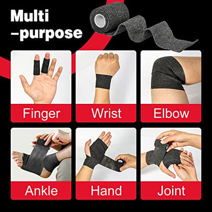 AZEN 80 Pack Self Adhesive Bandage Wrap Black, 2" X 5 Yards Black Athletic Tape, Vet Wrap, Tattoo Grip Tape Wrap，Ankle Tape, Cohesive Bandage Wrap - color: Black, size: 2IN - 80Pack