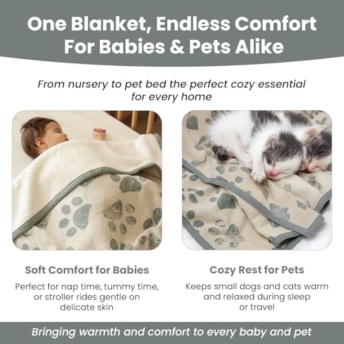 Baby & Pet Blanket 100% Cotton with Sherpa Fleece – Soft Stroller & Cuddle Blanket for Baby, Dog & Cat – Breathable, Hypoallergenic, Washable – 76×96 cm All-Season Blanket Reed Green Beige - color: Green
