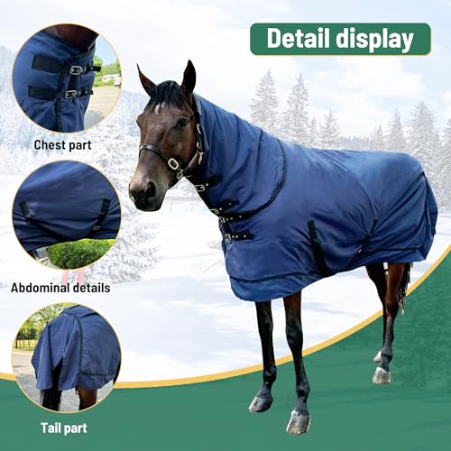 Waterproof Horse Turnout Blanket - Medium Weight Winter Blanket (220g Fill) with Detachable Neck Cover - Blue - 78 in - size: 78 in