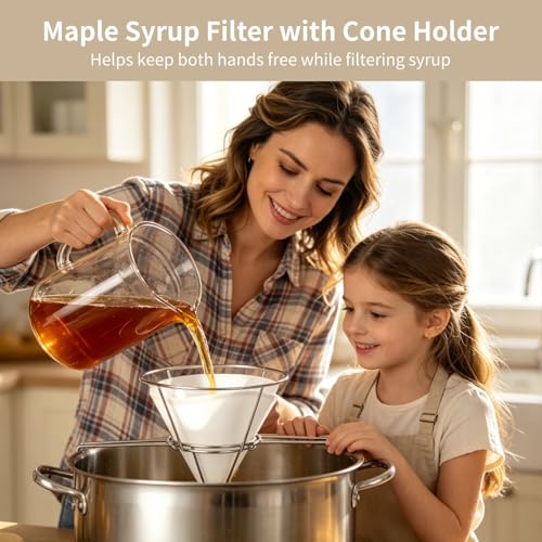 Cooking Oil Filter,Syrup Cone Filters Kit with 10 in Stainless Steel Cone Holder Fryer Strainer, 1 Thick Reusable Filter with Pre-Cut Slots and 24 Disposable Pre-Filters for Maple Sap Honey Milk