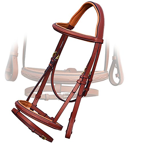 Exion English Jumping Bridle with Flash & Rubber Reins – Anatomical Padded Horse Bridle – Premium Leather Designer Stitched Hunter Jumper Tack – Brass Buckles – Pony, Cob, Full, Warmblood - color: Reddish Brown, size: Cob/Medium Size