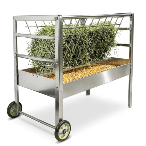 Galvanized Steel Feeder, 2 in 1 Livestock Feeder for Goats Sheep Lambs, Mobile Livestock Feeder with Built-in Wheels