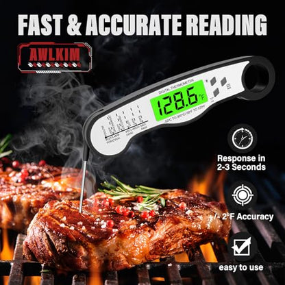 AWLKIM Meat Thermometer Digital, Instant Read Food Thermometer, Black | Waterproof cooking thermometer with doneness chart, backlight, F/C switch for BBQ, candy, oil - color: Black