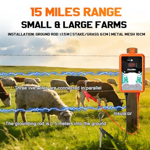12KV DC AC Powered Electric Fence Charger, 15 Miles 4 Joules, LED | LED Indicator Light, High Power Pulse Energy, Waterproof, for Livestock,Farm Animals, Pets, Poultry, Ranches and Gardens - color: Orange