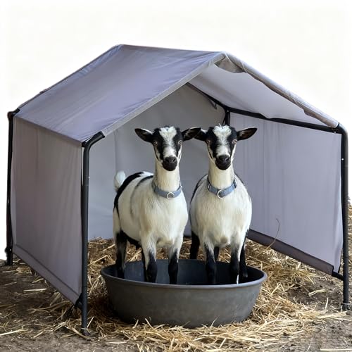 Goat Shelter for Outside, Portable for 2 Goats, 49 x 49 x 43 in Metal Frame | Three-Sided Windbreak Panels And Ground Stakes, For Backyards, Pastures And Small Livestock Enclosures