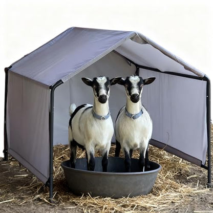 Goat Shelter for Outside, Portable for 2 Goats, 49 x 49 x 43 in Metal Frame | Three-Sided Windbreak Panels And Ground Stakes, For Backyards, Pastures And Small Livestock Enclosures