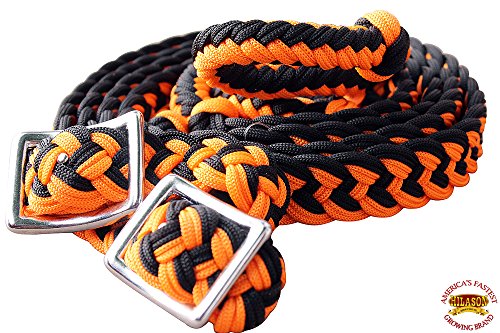 HILASON Braided Poly Barrel Horse Racing Reins Flat Grip Knots 1" X 8Ft | Rein Gifts - color: Orange-Black