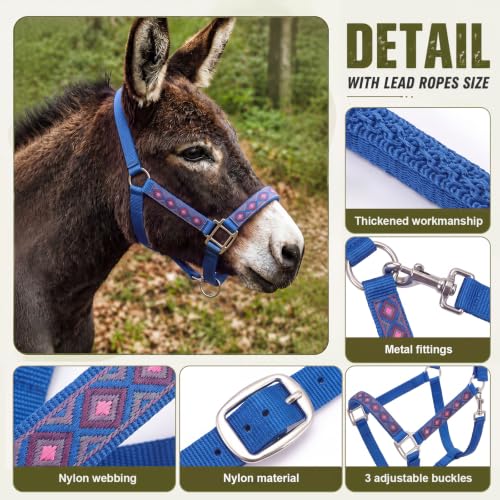 Miniature Donkey Halter, Adjustable Nylon Pony Halter with 3 Adjustable Buckles, Lightweight Small Equine for Farm Mini Horses Training, Blue, No Lead Rope Included