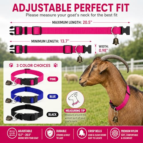 3 Pack Goat Collars with Bells, Classic Navy Adjustable Collar Set - color: Black+Pink+Blue