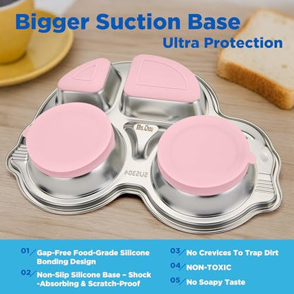 Stainles Steel Baby Suction Plate, Car Divided Toddler Plate Pink - color: Pink