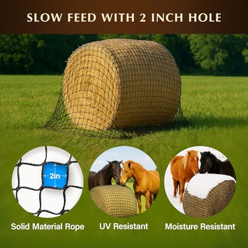 5x5 ft Round Bale Hay Net for Horses – 2 Inch Hole Slow Feeder – 4x4 and 6x6 Sizes Also Available – Knotless Mesh Design – Easy to Put On Over Bales – Built for Everyday Horse Feeding - size: Bale Size 5x5 FT