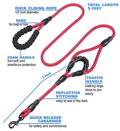 JSXD 5 FT Heavy Duty Double Handle Dog Leash with Comfortable Padded and Reflective Rope, for Small to Large Dogs (Rope-Red) - color: Rope-Red