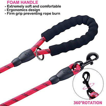 JSXD 5 FT Heavy Duty Double Handle Dog Leash with Comfortable Padded and Reflective Rope, for Small to Large Dogs (Rope-Red) - color: Rope-Red