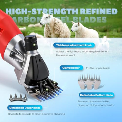 1200W Sheep Shears Professional 3800RPM with 6-Speed Adjustable | Heavy-Duty Sheep Clippers with 9-Tooth Carbon Steel Blade, Animal Shears Electric for Goats, Cattle, Horses & Alpacas