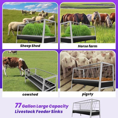 Pasture Feeder with Rubber Pan, 77 Gallon Large Capacity, 2-in-1 Stainless Steel Design for Goats, Sheep, Horses, Easy to Clean