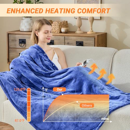 Heated Blanket Electric Throw, 50"x60" Soft Flannel Heating Blanket with 8 Hours Auto Off 10 Fast Heating Levels Machine Washable Sherpa Heated Throw Blanket with Overheating Protection - color: Blue, size: Throw(50" x 60")