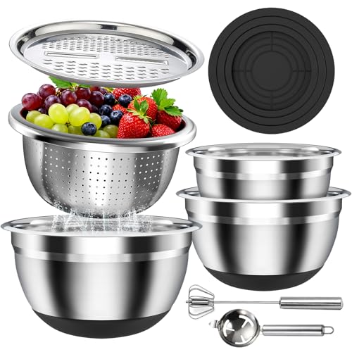 Stainless Steel Mixing Bowls Set with Lids & Silicone Base,7‑Piece Set - color: Black
