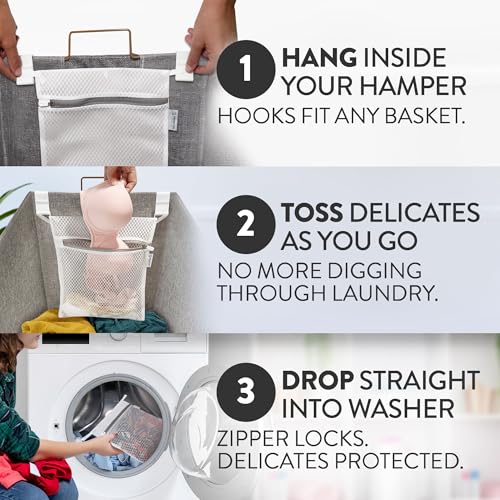 2Pcs Mesh Laundry Bags for Delicates w/Hooks, Hanging Durable Laundry Mesh Wash Bags Attachable Inside Laundry Basket, Lingerie Bags for Washing Bras, Socks – 12x10 Washable Laundry Bag