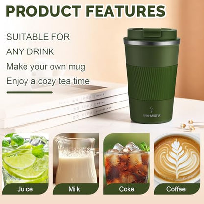 MOMSIV 12oz Travel Coffee Mug, Insulated Coffee Cup with Leak Proof Lid - color: B-Dark Green-12oz