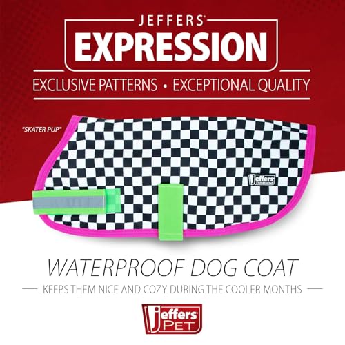 Jeffers Expression Dog Coat Waterproof Ripstop Winter Jacket 28" – 240g Insulated Blanket, Adjustable Belly & Chest Straps, Reflective Strips, Small to Large Breeds, Outdoor & Travel - Party Cheetah - color: Skater Pup, size: 28"