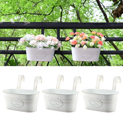 3 Pack Metal Railing Planters, 10.5" Oval Hanging Flower Pots with Detachable Hooks & Drainage Holes, Fits Rails up to 2.36", Galvanized Iron Fence Bucket for Balcony Garden Patio - Letter White - color: Letter White, size: 3 Pack, 10.5"L x 5.7"W x 4.7"H
