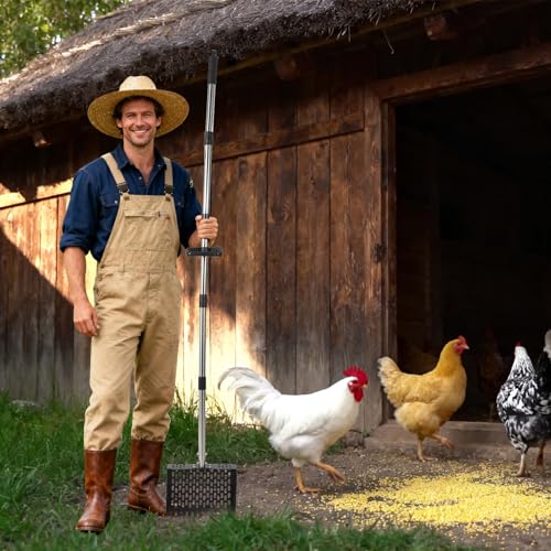 Garvee 9.8'' Chicken Poop Scooper and Rake, 2-in-1 Metal Chicken Coop Scoop with 24'' to 68.9'' Adjustable Stainless Steel Handle, Multifunctional Sifting Shovel for Coops and Small Farm Animals