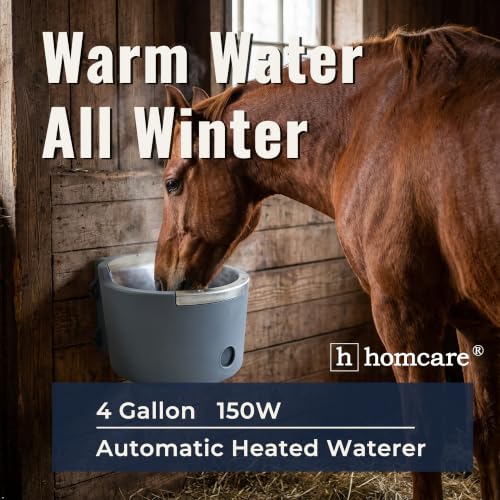Automatic Heated Water Bucket for Horse, 4 Gallon 150W Thermostatic Livestock Waterer with Float Control, Drain Hole, Anti-Chew Metal Rim & GFCI Safety Plug for Horses, Cattle, Goat