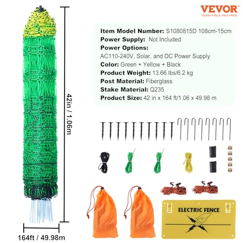 VEVOR Electric Fence Netting 42" H X 164' L PE Net Fencing | Utility Portable Mesh for Goats, Sheep, Lambs, Deer, Hogs, Dogs, for Farms and Ranches, with Posts and Double-Spiked Stakes - size: 42"H x 164'L, style: Livestock