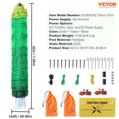VEVOR Electric Fence Netting 42" H X 164' L PE Net Fencing | Utility Portable Mesh for Goats, Sheep, Lambs, Deer, Hogs, Dogs, for Farms and Ranches, with Posts and Double-Spiked Stakes - size: 42"H x 164'L, style: Livestock