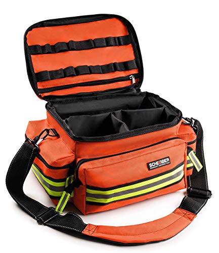 Scherber First Responder Fully-Stocked Professional Essentials EMT/EMS Trauma Kit | HSA/FSA Approved | Reflective Bag w/8 Zippered Pockets & Compartments & 200+ First Aid Supplies - Orange - color: Orange
