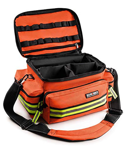 Scherber First Responder Fully-Stocked Professional Essentials EMT/EMS Trauma Kit | HSA/FSA Approved | Reflective Bag w/8 Zippered Pockets & Compartments & 200+ First Aid Supplies - Orange - color: Orange