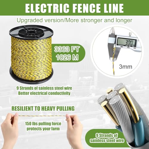 MorningRo 10 Mile Electric Fence Kit for Livestock, 3 Joule 12KV Fence Charger with LED Display, 3366 ft 9-Strand Polywire, 60 Insulators & Ground Rods, AC/DC Fencing System for Horse Cattle Pasture