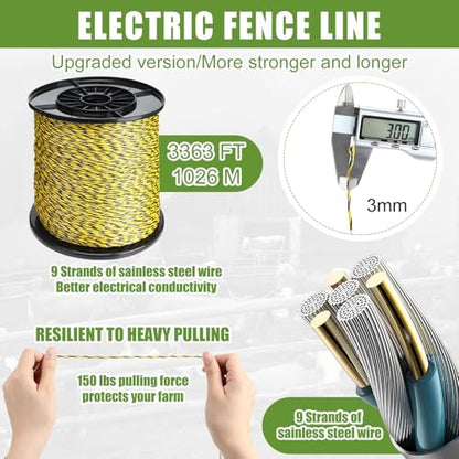 MorningRo 10 Mile Electric Fence Kit for Livestock, 3 Joule 12KV Fence Charger with LED Display, 3366 ft 9-Strand Polywire, 60 Insulators & Ground Rods, AC/DC Fencing System for Horse Cattle Pasture