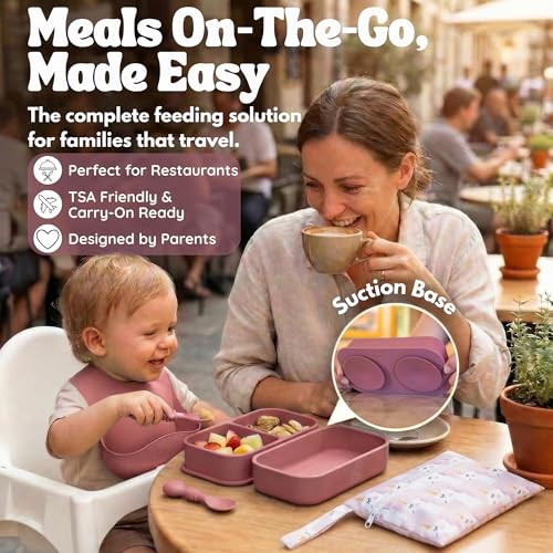 Baby Travel Feeding Set with Silicone Suction Plates, Dark Pink Small - color: Dark Pink