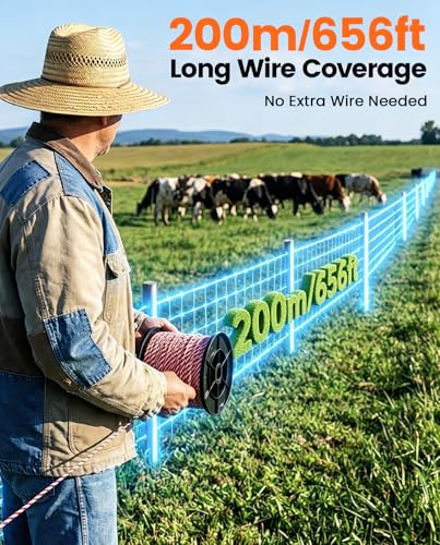 24 Hour Solar Electric Fence Charger, 10 Miles+Epoify Electric Fence Wire and Insulator Kit, 200m/656FT Polywire with 50 Screw-in Insulators