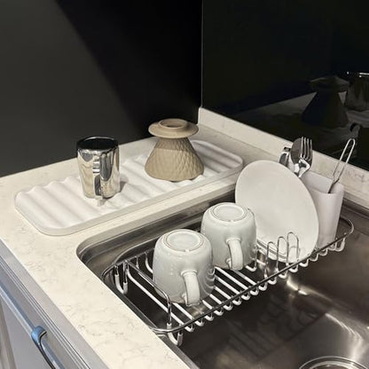 SunnyPoint 304 Stainless Steel NeverRust Compact Dish Drying Rack with Utensil Holder & Removable Drain Tray, Rustproof Small Dish Rack for Kitchen Countertop or Over Sink (Metallic Silver, Compact) - color: Metallic Silver