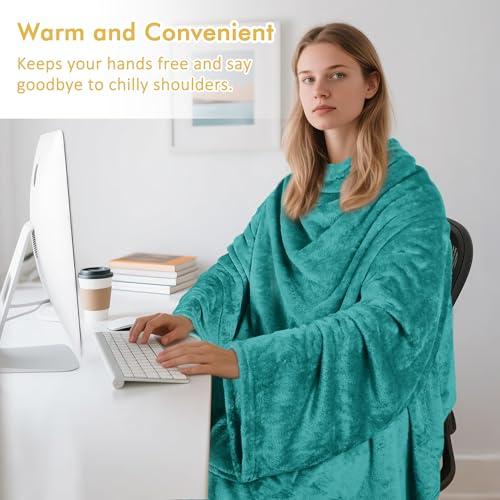 Catalonia Wearable Blanket with Sleeves & Foot Pocket for Adults - color: Green, size: Fleece