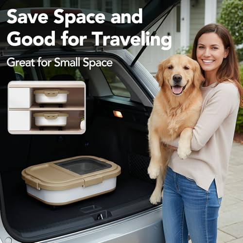 Summark Ca15 Lbs Dog/Cat Food Storage Container,Collapsible Food Storage Containers with Rolling Wheel Airtight Locking Lid,Pet Food Storage Container with Cup and Scoop,Khaki - color: Khaki