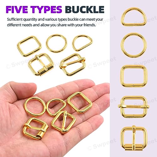 Swpeet 5 Style Metal Buckles - Adjustable Slide, D Ring, Circular Ring - color: Gold, size: 3/4 Inch