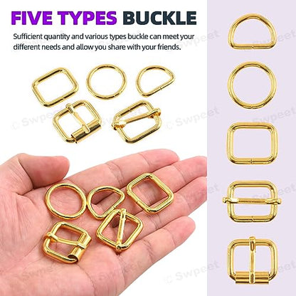 Swpeet 5 Style Metal Buckles - Adjustable Slide, D Ring, Circular Ring - color: Gold, size: 3/4 Inch