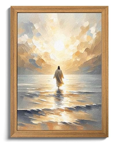 Framed 3D Textured Jesus Walking on Water Wall Art, Christian Bible Stories Wall Decor Paintings, Jesus Walks on Water on Water Back Posters Prints Pictures for Church Living Room Bedroom 12x16 Inch - color: 3D Textured Yellow Jesus on Water, size: 16"L x