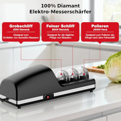 Professional Electric Knife Sharpener, 3-Stage Diamond Abrasive Sharpening System, Replaceable Sharpening Heads, 15° Precision Angle Guide for Kitchen Knives, Quick Blade Repair and Restoration