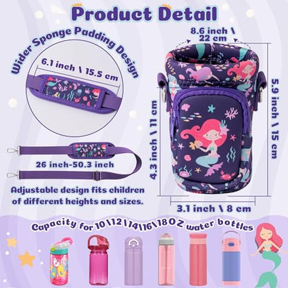 Water Bottle Carrier Bag with Strap for Kids - Water Bottle Bag Holder with Padded Strap Pocket 10/12/14/16/18Oz for Boys Girls School Walking Hiking Camping - style: Mermaids