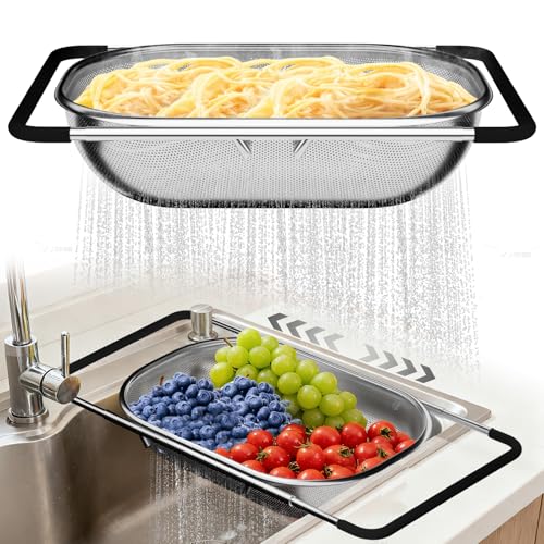 Over the Sink Colander - Strainers and Colanders - Sink Strainer Basket - Expandable Fine Mesh Strainer with Rubber Grip for Veggie, Fruits, Pasta, Home Kitchen Essentials (9.5W x 13.4-21.3L x 3.3H) - color: Light Black