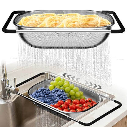 Over the Sink Colander - Strainers and Colanders - Sink Strainer Basket - Expandable Fine Mesh Strainer with Rubber Grip for Veggie, Fruits, Pasta, Home Kitchen Essentials (9.5W x 13.4-21.3L x 3.3H) - color: Light Black