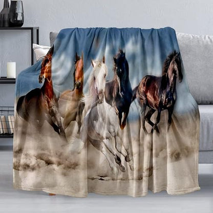 Horse Throw Blanket Gift, Soft Warm Fuzzy Plush Blanket, Smooth Cozy Flannel Blanket for Bed/Couch/Camping (60"x50", Five Horse) - size: 60"x50"